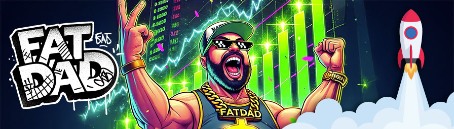 animated gif style image of a fat dad character flipping crypto coins like burgers on a grill, fun crypto meme style