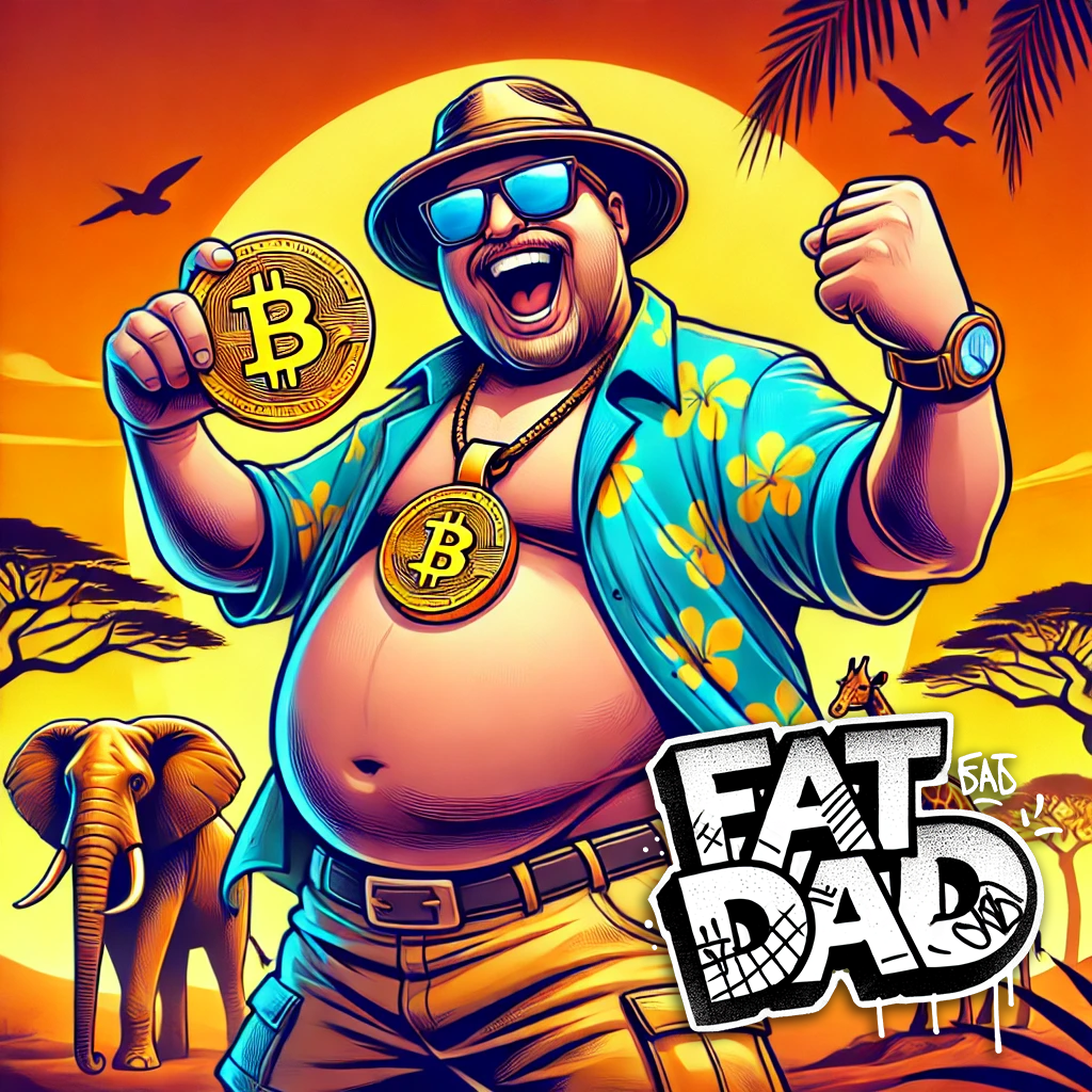 funny crypto meme with fat dad character cooking, pixel art style
