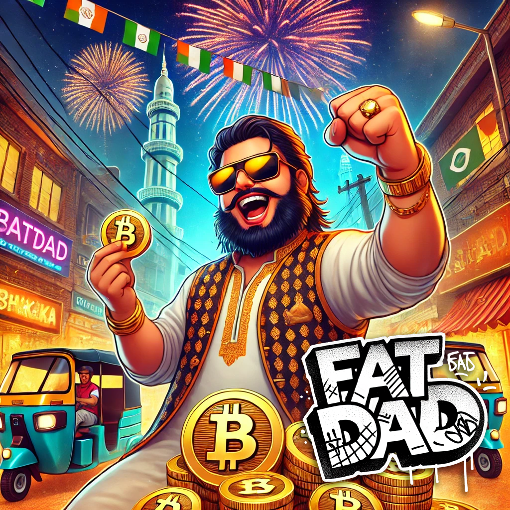 funny crypto meme with fat dad character, pixel art style