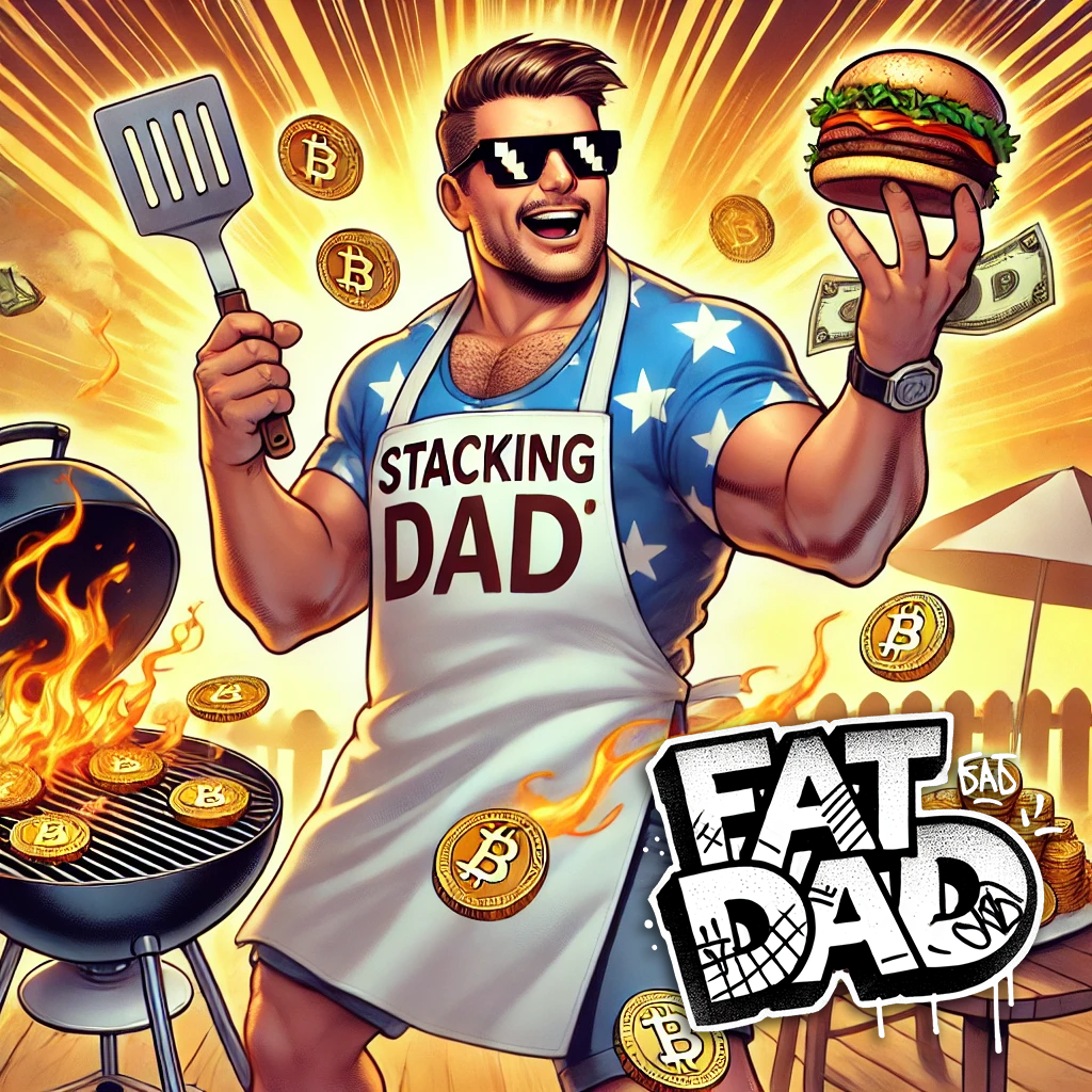 FatDAD’s Origin – Born from the grill, flipping both burgers and coins with unstoppable dad-energy.
