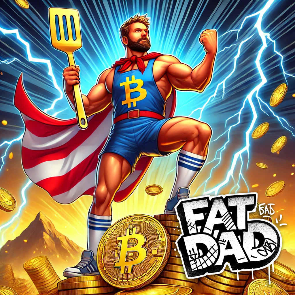 fat dad character in action pose with crypto coins, fun crypto meme style