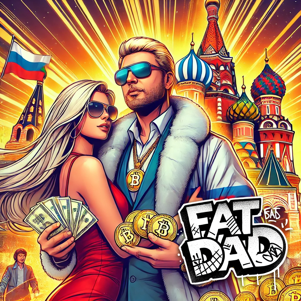 funny crypto meme with fat dad character, pixel art style